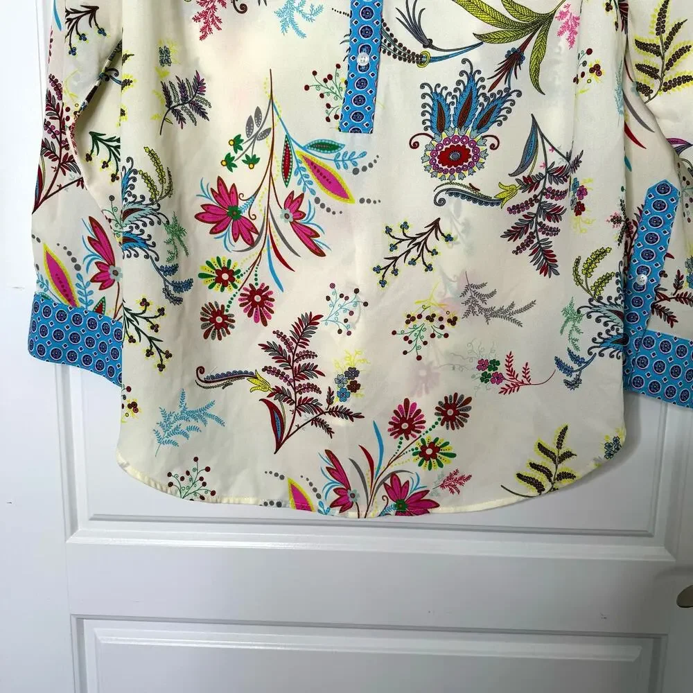 Talbots Womens Large LS Cream Floral Popover Tunic Blouse Career Casual - Picture 7 of 9